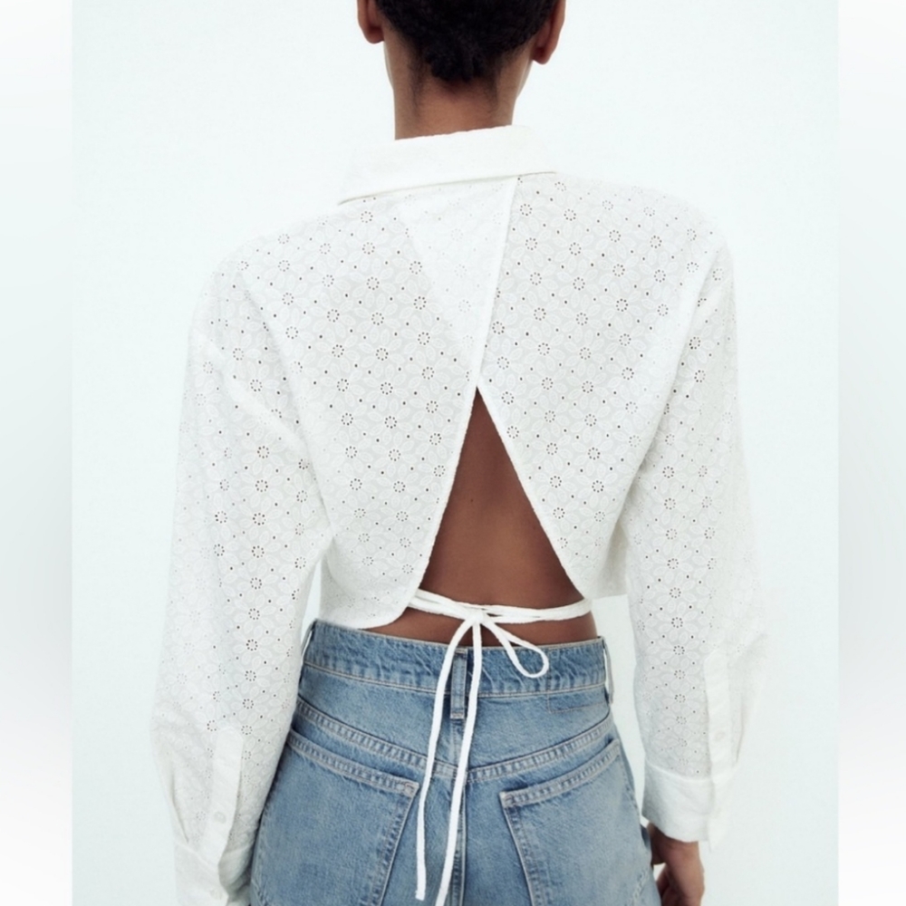 NWT Zara White Eyelet Crop Shirt, Size M